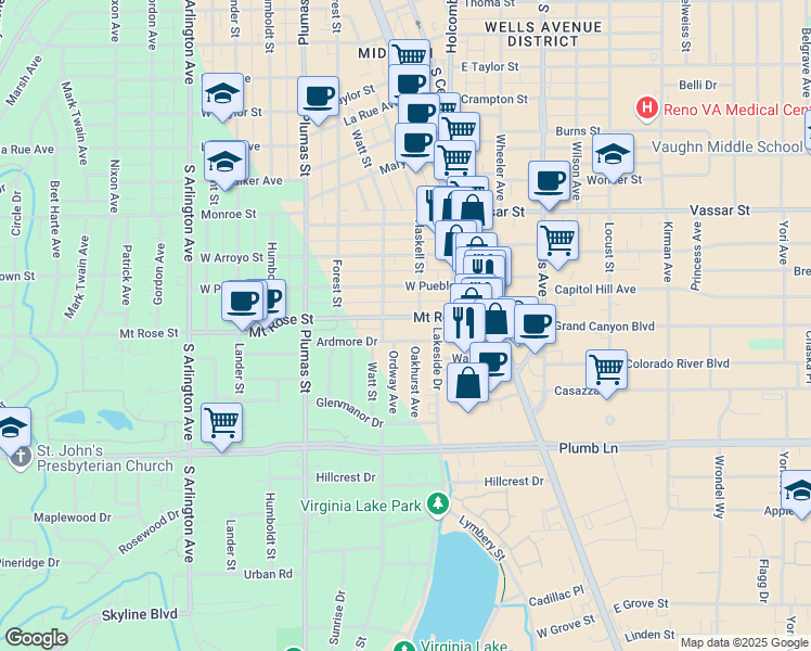 map of restaurants, bars, coffee shops, grocery stores, and more near 145 Mount Rose Street in Reno