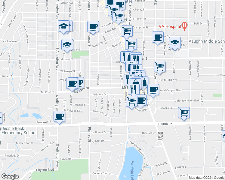 map of restaurants, bars, coffee shops, grocery stores, and more near 259 Mount Rose Street in Reno