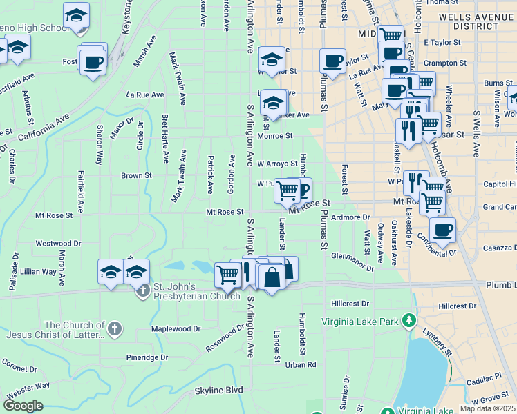 map of restaurants, bars, coffee shops, grocery stores, and more near 1450 South Arlington Avenue in Reno