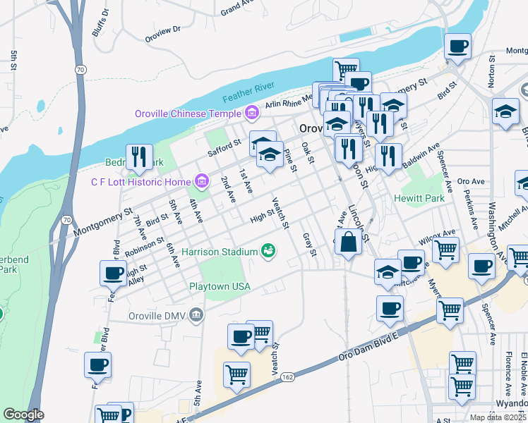 map of restaurants, bars, coffee shops, grocery stores, and more near 1321 Robinson Street in Oroville