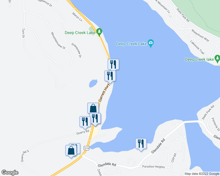 map of restaurants, bars, coffee shops, grocery stores, and more near 20218 Garrett Highway in Oakland