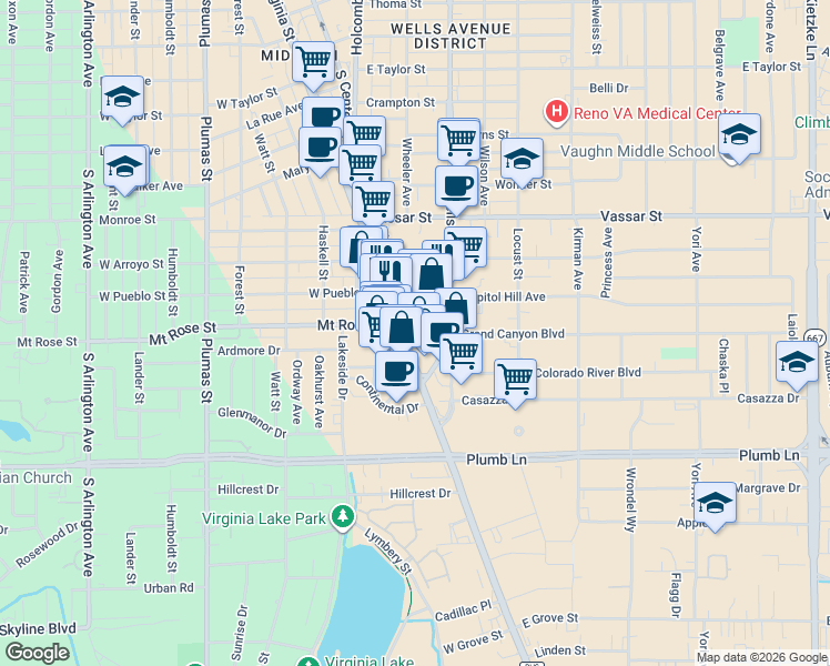 map of restaurants, bars, coffee shops, grocery stores, and more near 1466 South Virginia Street in Reno