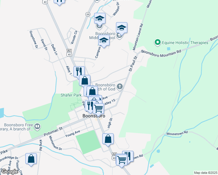 map of restaurants, bars, coffee shops, grocery stores, and more near 16 Ford Avenue in Boonsboro