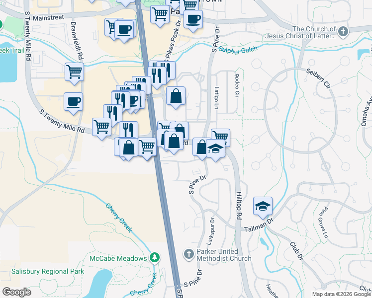 map of restaurants, bars, coffee shops, grocery stores, and more near 19555 East Parker Square Drive in Parker