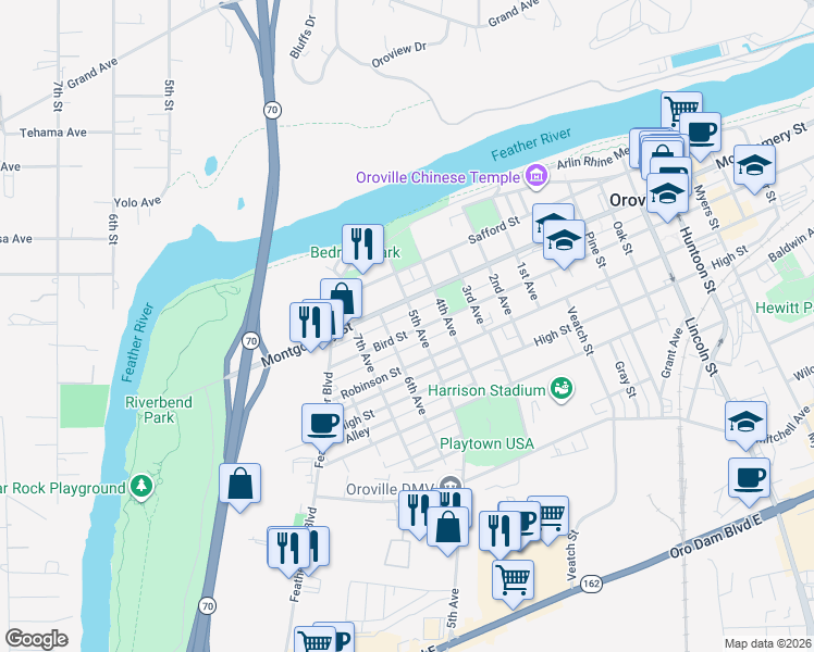 map of restaurants, bars, coffee shops, grocery stores, and more near 868 Bird Street in Oroville