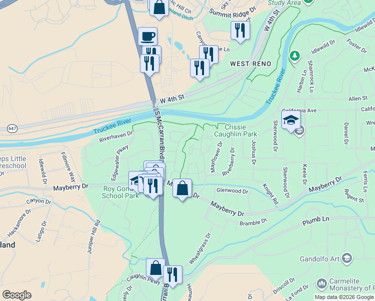 map of restaurants, bars, coffee shops, grocery stores, and more near 3223 Alum Creek Court in Reno