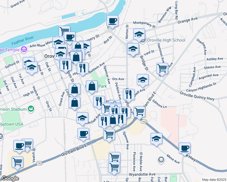 map of restaurants, bars, coffee shops, grocery stores, and more near 2135 Spencer Avenue in Oroville