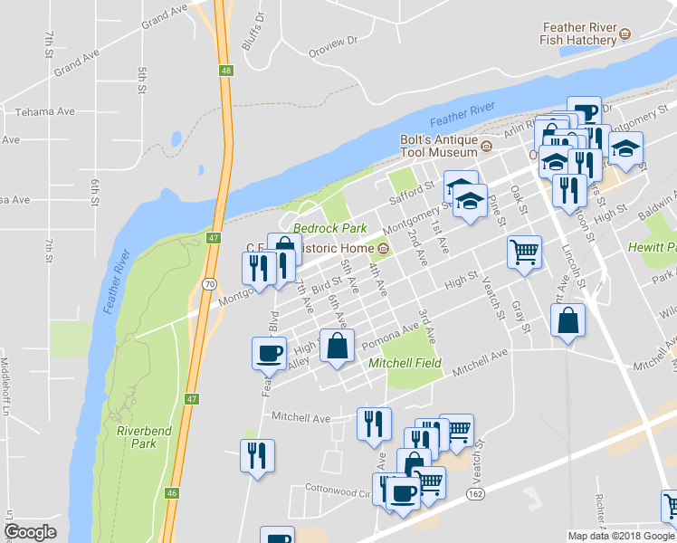 map of restaurants, bars, coffee shops, grocery stores, and more near 868 Bird Street in Oroville