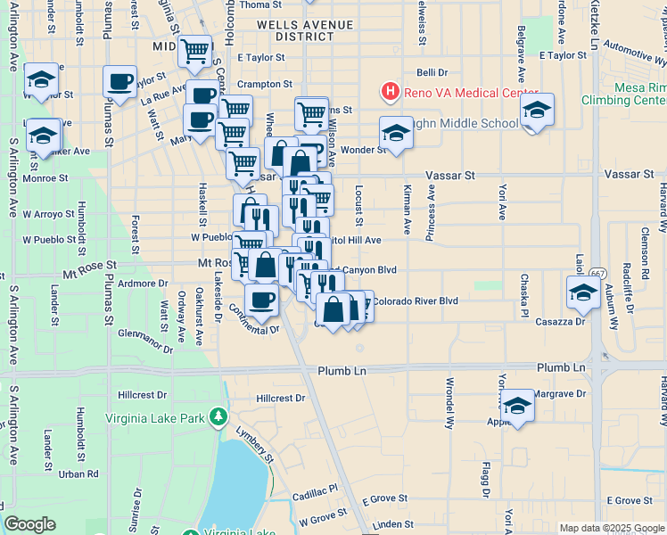 map of restaurants, bars, coffee shops, grocery stores, and more near 350 Capitol Hill Avenue in Reno