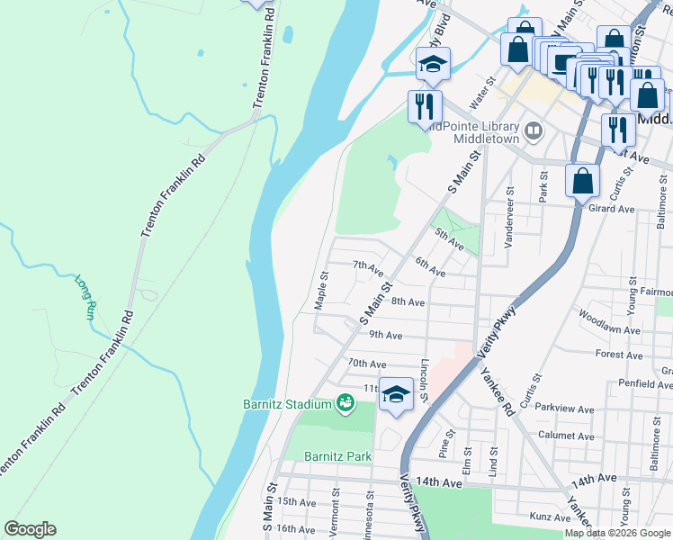 map of restaurants, bars, coffee shops, grocery stores, and more near 611 7th Avenue in Middletown