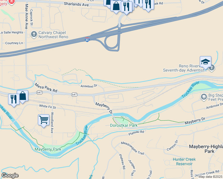 map of restaurants, bars, coffee shops, grocery stores, and more near 730 Bluffs Court in Reno