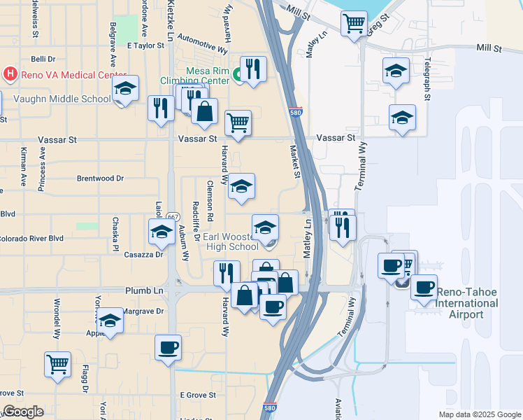 map of restaurants, bars, coffee shops, grocery stores, and more near 1925 Villanova Drive in Reno