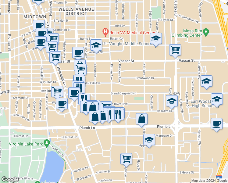 map of restaurants, bars, coffee shops, grocery stores, and more near 660 Capitol Hill Avenue in Reno