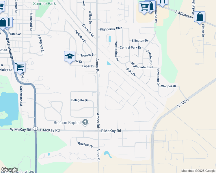map of restaurants, bars, coffee shops, grocery stores, and more near 1510 Amos Road in Shelbyville