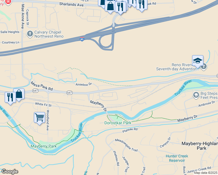 map of restaurants, bars, coffee shops, grocery stores, and more near 710 Bluffs Court in Reno