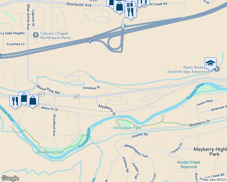 map of restaurants, bars, coffee shops, grocery stores, and more near 740 Bluffs Court in Reno