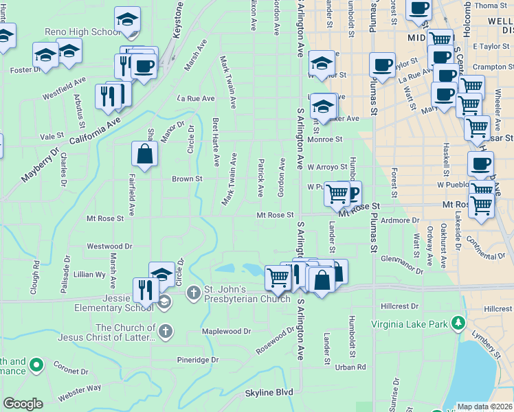 map of restaurants, bars, coffee shops, grocery stores, and more near 10 Linwood Place in Reno