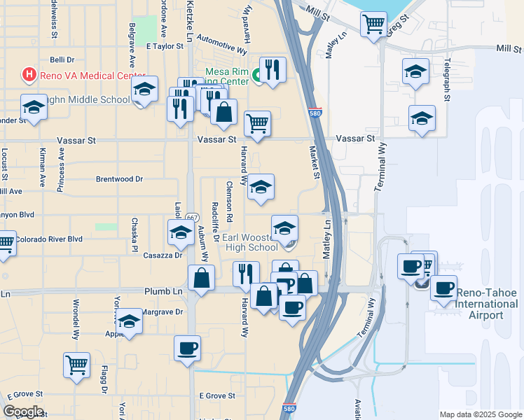 map of restaurants, bars, coffee shops, grocery stores, and more near 1901 Villanova Drive in Reno