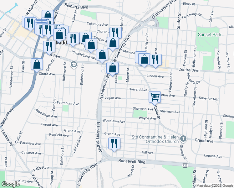 map of restaurants, bars, coffee shops, grocery stores, and more near 313 Crawford Street in Middletown