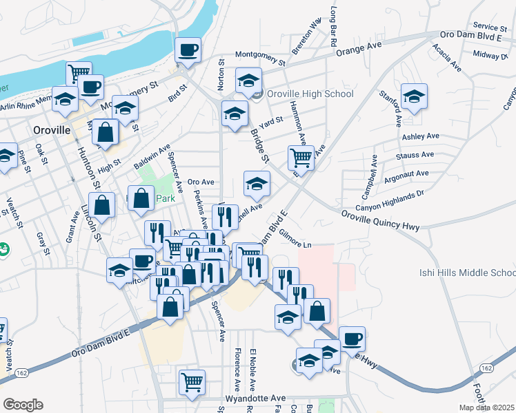 map of restaurants, bars, coffee shops, grocery stores, and more near 2750 Mitchell Avenue in Oroville