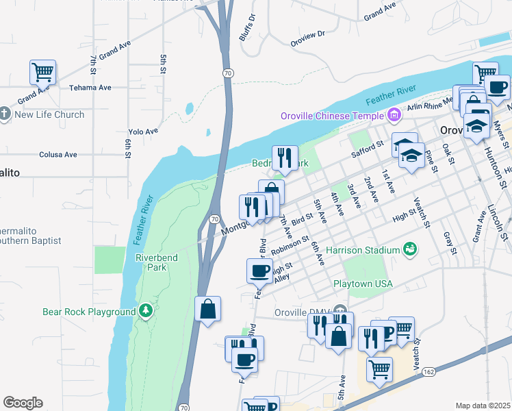 map of restaurants, bars, coffee shops, grocery stores, and more near 1276 Feather River Boulevard in Oroville