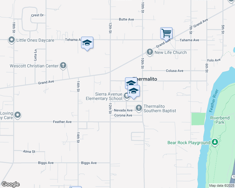 map of restaurants, bars, coffee shops, grocery stores, and more near 1127 Placer Avenue in Oroville