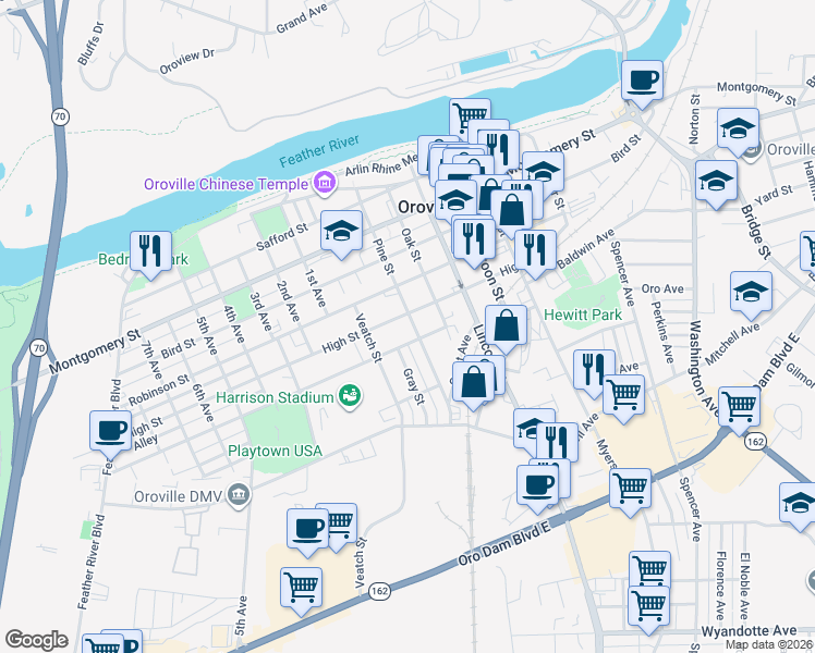 map of restaurants, bars, coffee shops, grocery stores, and more near 1636 Pine Street in Oroville