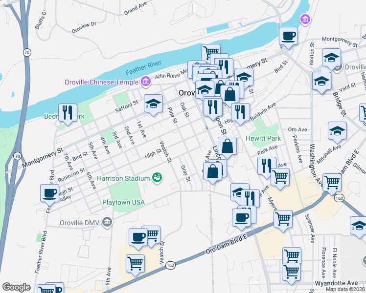 map of restaurants, bars, coffee shops, grocery stores, and more near 1591 High Street in Oroville