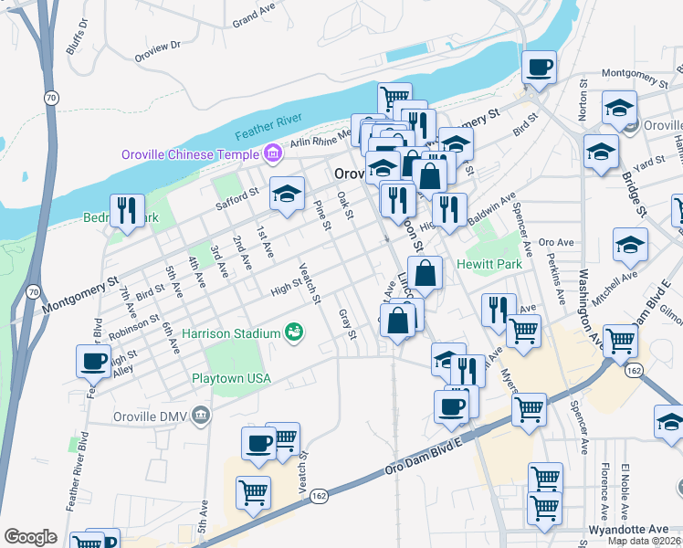 map of restaurants, bars, coffee shops, grocery stores, and more near 1591 High Street in Oroville