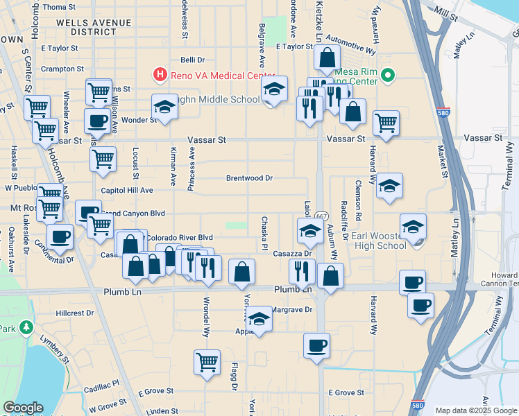 map of restaurants, bars, coffee shops, grocery stores, and more near 920 Capitol Hill Avenue in Reno