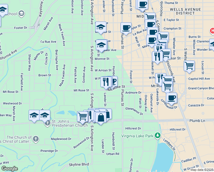 map of restaurants, bars, coffee shops, grocery stores, and more near 1440 Lander Street in Reno