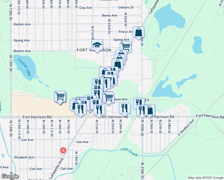 map of restaurants, bars, coffee shops, grocery stores, and more near 2151 Lafayette Avenue in Terre Haute