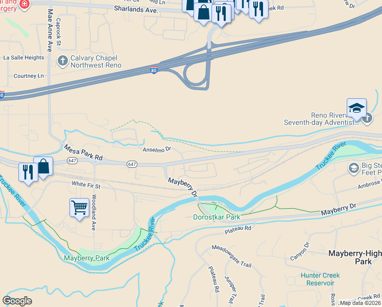 map of restaurants, bars, coffee shops, grocery stores, and more near 780 Bluffs Court in Reno