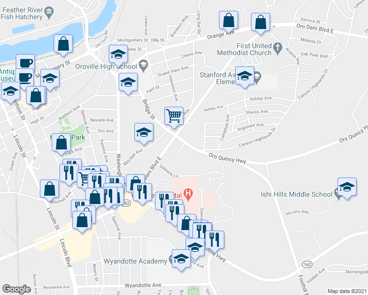 map of restaurants, bars, coffee shops, grocery stores, and more near 5 Madrone Avenue in Oroville