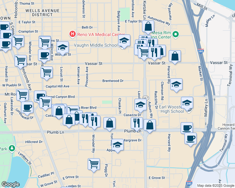 map of restaurants, bars, coffee shops, grocery stores, and more near 920 Capitol Hill Avenue in Reno