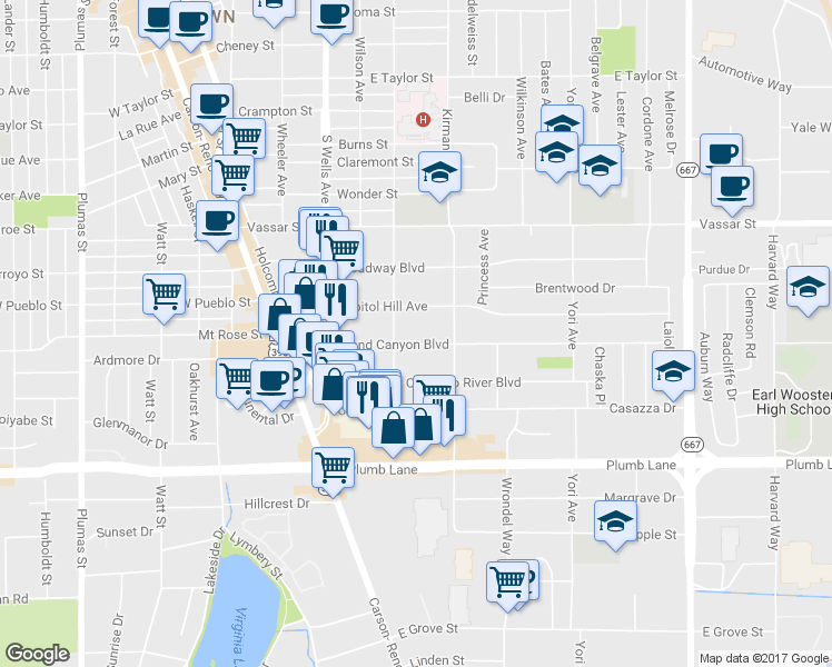 map of restaurants, bars, coffee shops, grocery stores, and more near 572 Capitol Hill Avenue in Reno