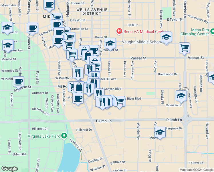 map of restaurants, bars, coffee shops, grocery stores, and more near 1520 Locust Street in Reno
