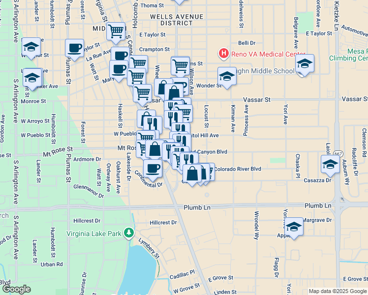 map of restaurants, bars, coffee shops, grocery stores, and more near 350 Capitol Hill Avenue in Reno