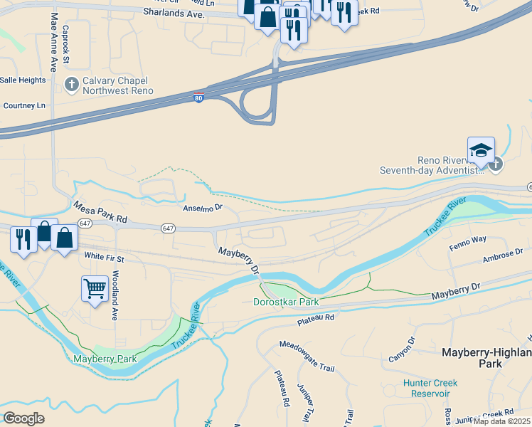 map of restaurants, bars, coffee shops, grocery stores, and more near 710 Bluffs Court in Reno