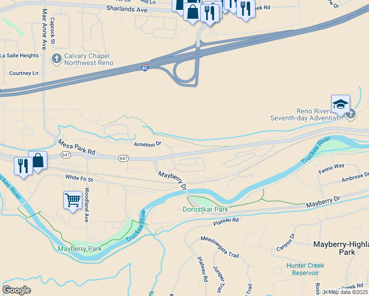 map of restaurants, bars, coffee shops, grocery stores, and more near 710 Bluffs Court in Reno
