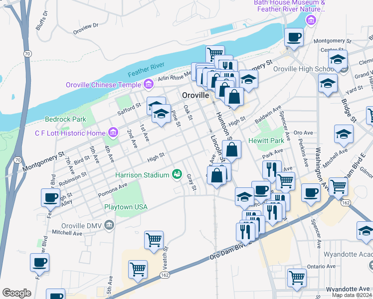 map of restaurants, bars, coffee shops, grocery stores, and more near 1591 High Street in Oroville