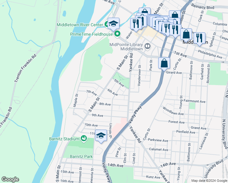 map of restaurants, bars, coffee shops, grocery stores, and more near 514 Lincoln Street in Middletown