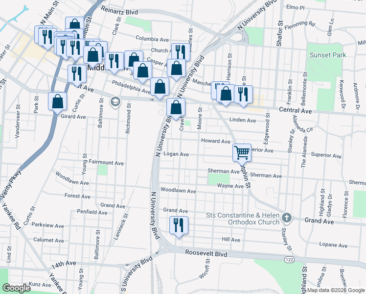 map of restaurants, bars, coffee shops, grocery stores, and more near 311 Crawford Street in Middletown