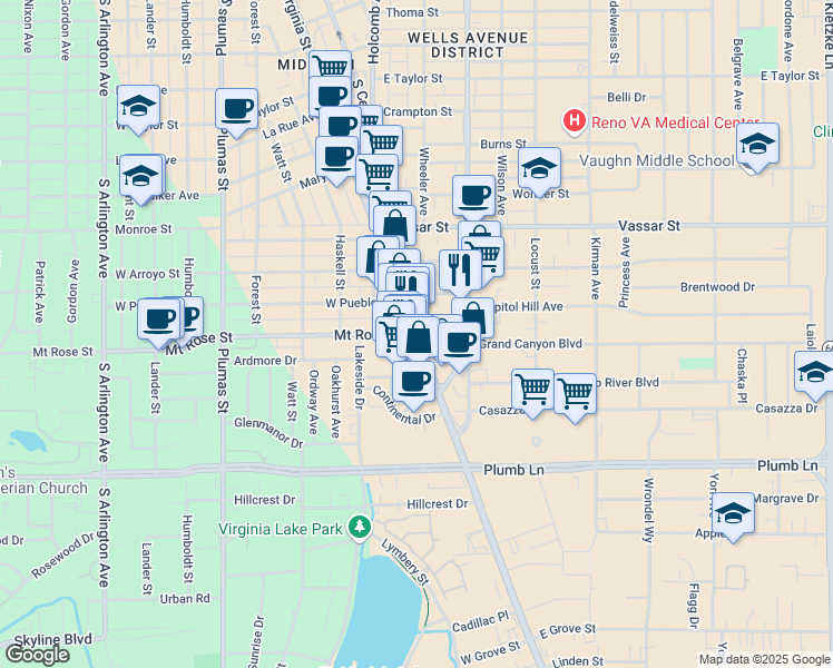 map of restaurants, bars, coffee shops, grocery stores, and more near 1466 South Virginia Street in Reno