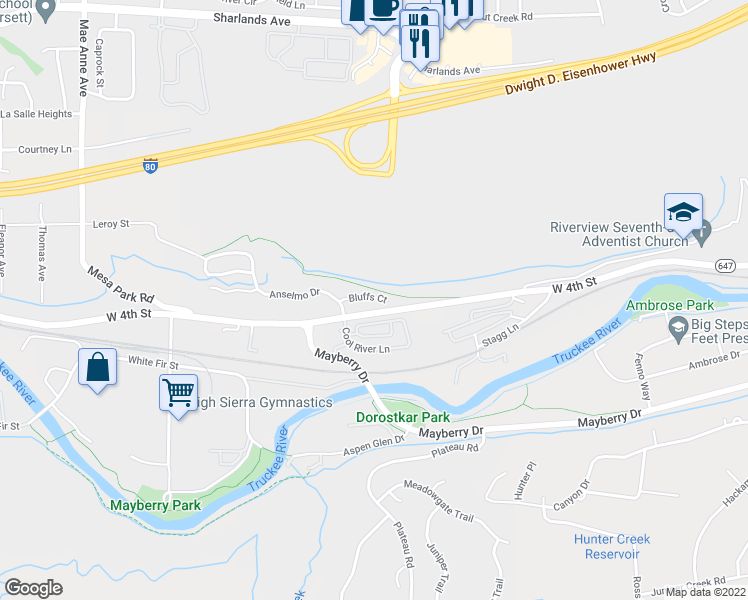 map of restaurants, bars, coffee shops, grocery stores, and more near 720 Bluffs Court in Reno