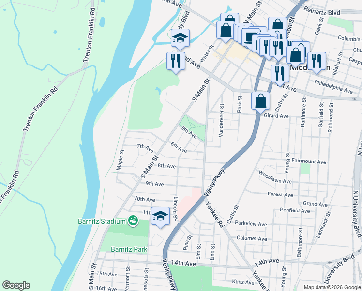 map of restaurants, bars, coffee shops, grocery stores, and more near 514 Lincoln Street in Middletown