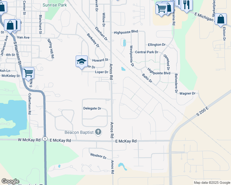 map of restaurants, bars, coffee shops, grocery stores, and more near 1400 Amos Road in Shelbyville