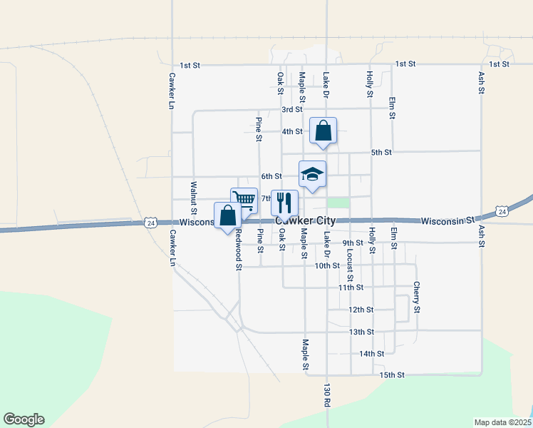 map of restaurants, bars, coffee shops, grocery stores, and more near 701-745 Oak Street in Cawker City