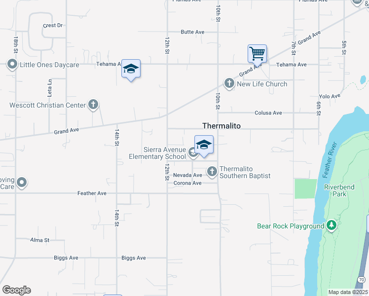 map of restaurants, bars, coffee shops, grocery stores, and more near 1127 Placer Avenue in Oroville