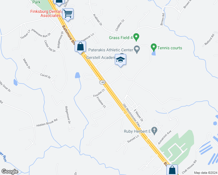 map of restaurants, bars, coffee shops, grocery stores, and more near 2466 Baltimore Boulevard in Finksburg